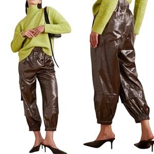 Tibi Brown Faux Leather Track Pants High-Waisted Joggers